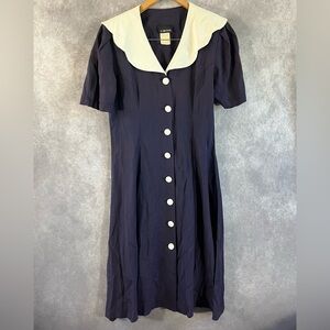 Vintage J.D. Brown Midi Dress Womens 8 Navy Blue White Button Peter Pan Collar